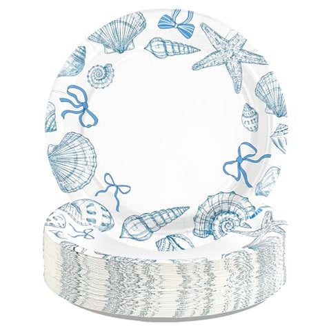 50 Pcs 10-inch Seashell and Bow Party Paper Plates - Grencian