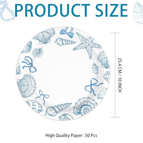 50 Pcs 10-inch Seashell and Bow Party Paper Plates - Grencian