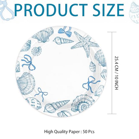 50 Pcs 10-inch Seashell and Bow Party Paper Plates - Grencian