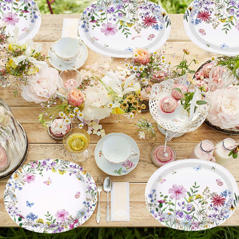 50 Pcs Spring Wildflower Oval Party Paper Plates - Grencian