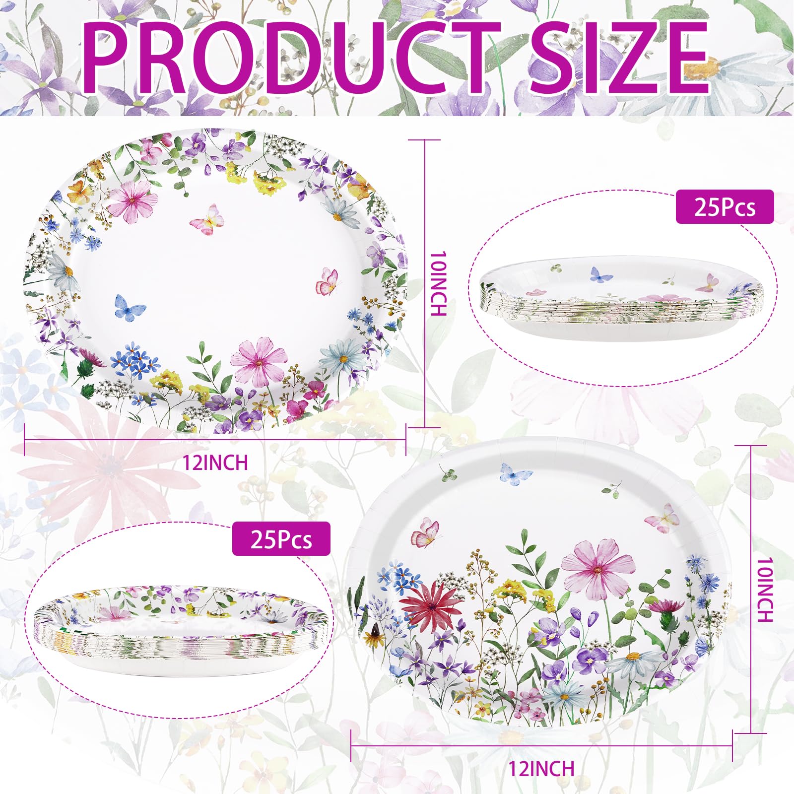 50 Pcs Spring Wildflower Oval Party Paper Plates - Grencian