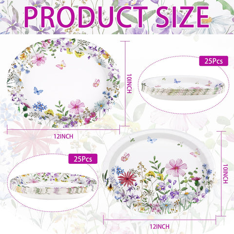50 Pcs Spring Wildflower Oval Party Paper Plates - Grencian