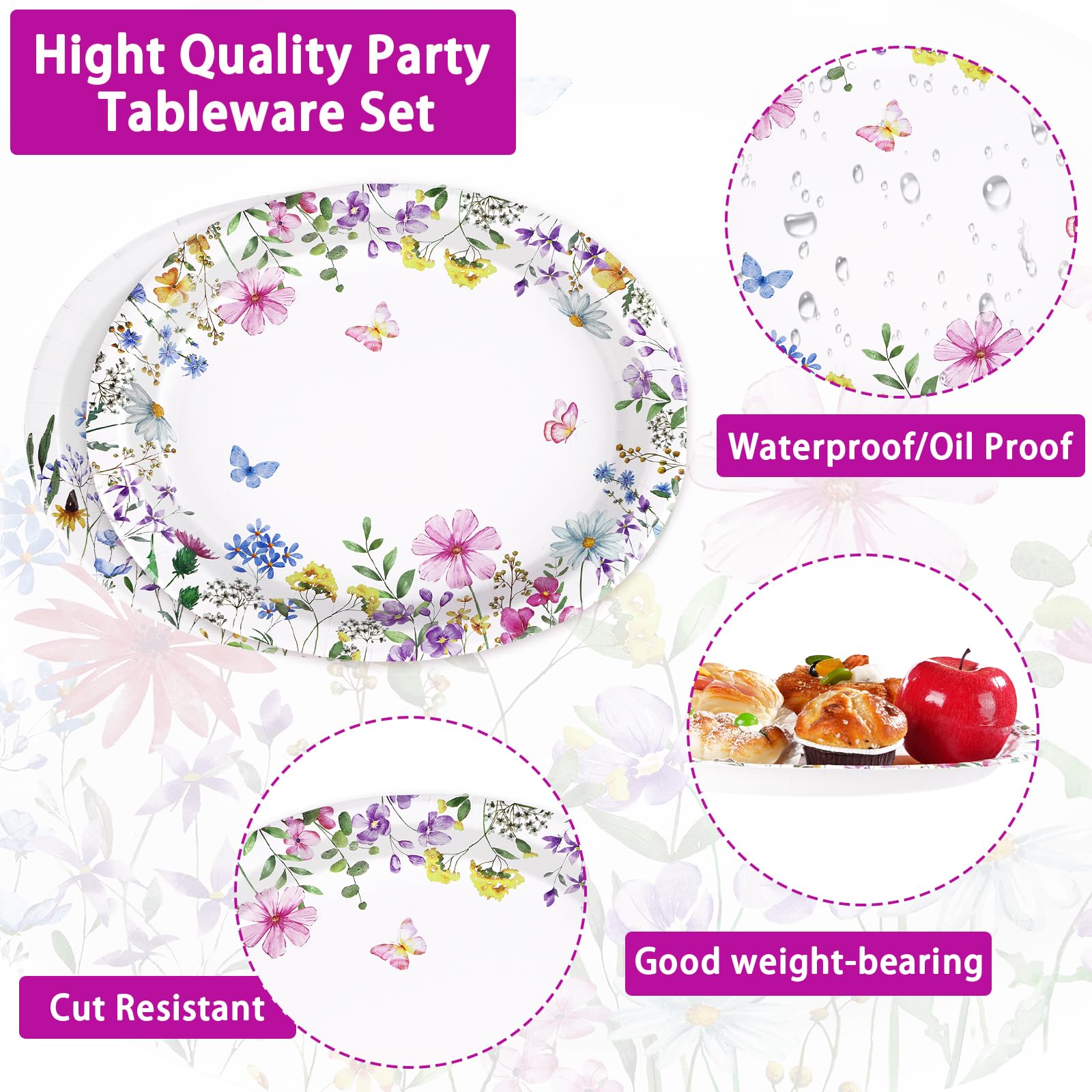 50 Pcs Spring Wildflower Oval Party Paper Plates - Grencian