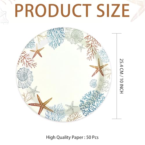 50 Pcs 10-inch Vintage Starfish Party Paper Plates - Grencian