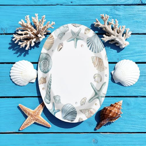 50 Pcs Watercolor Seashell Oval Party Paper Plates - Grencian