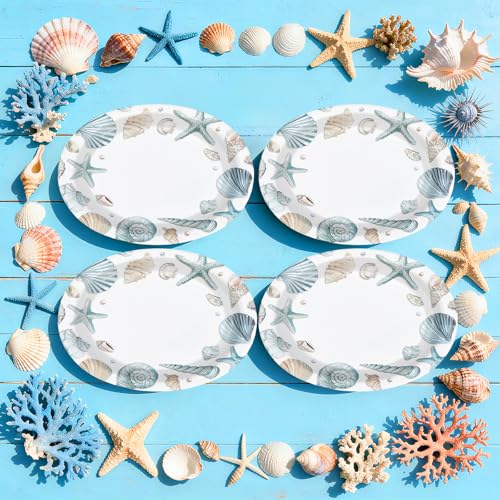 50 Pcs Watercolor Seashell Oval Party Paper Plates - Grencian