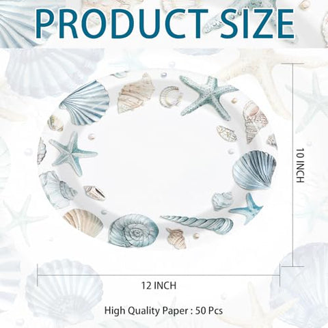 50 Pcs Watercolor Seashell Oval Party Paper Plates - Grencian