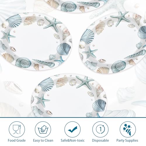 50 Pcs Watercolor Seashell Oval Party Paper Plates - Grencian