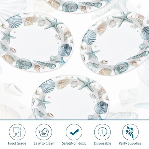 50 Pcs Watercolor Seashell Oval Party Paper Plates - Grencian