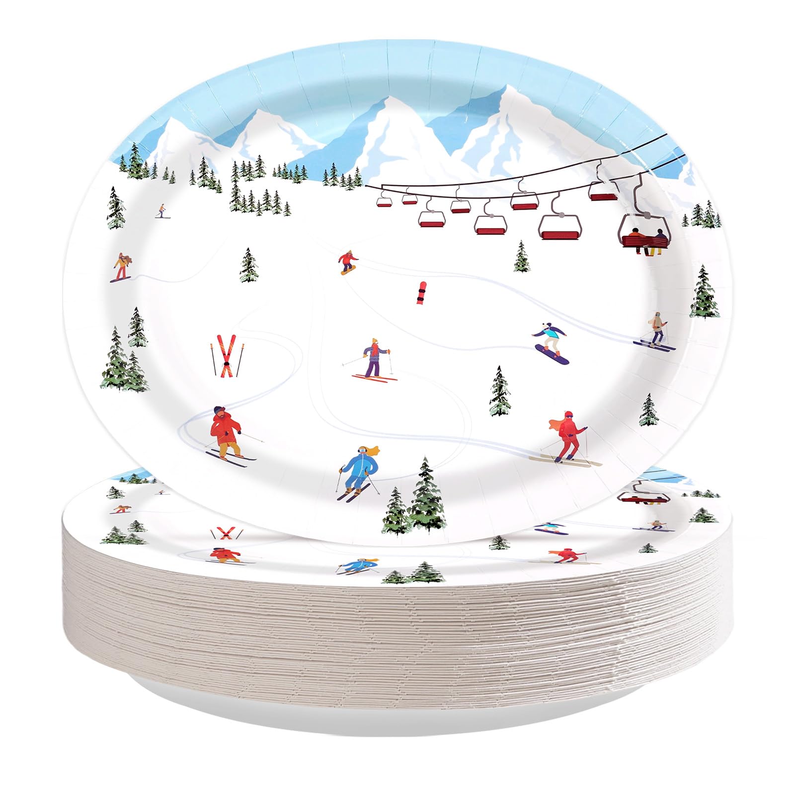 50 Pcs Winter Skiing Skier Oval Party Paper Plates - Grencian