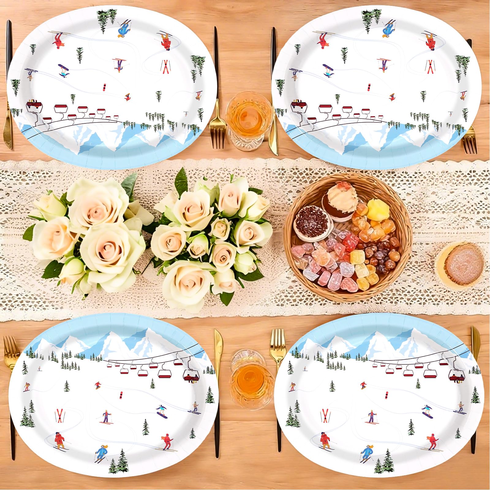 50 Pcs Winter Skiing Skier Oval Party Paper Plates - Grencian