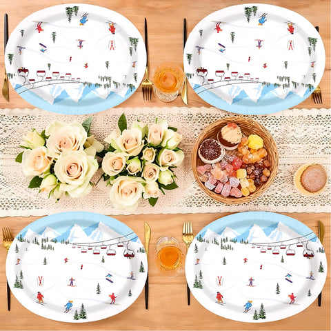 50 Pcs Winter Skiing Skier Oval Party Paper Plates - Grencian