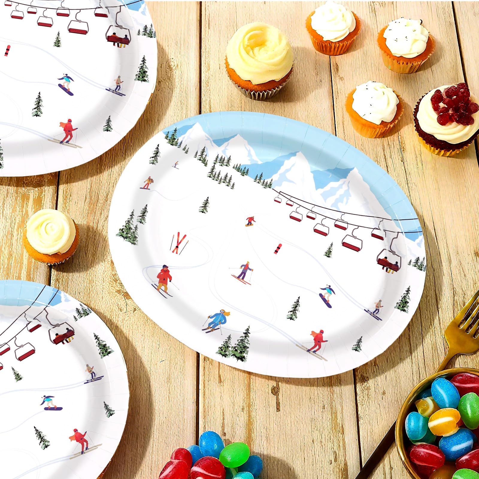 50 Pcs Winter Skiing Skier Oval Party Paper Plates - Grencian