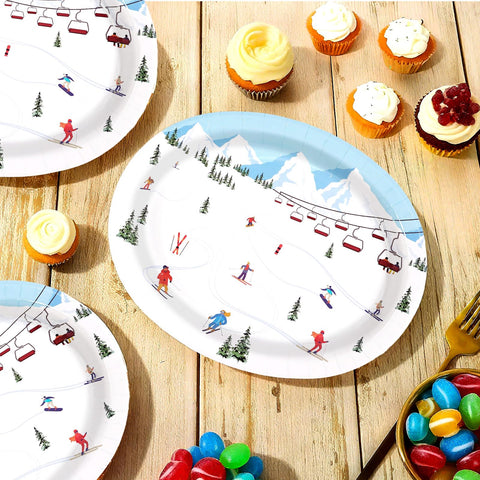 50 Pcs Winter Skiing Skier Oval Party Paper Plates - Grencian