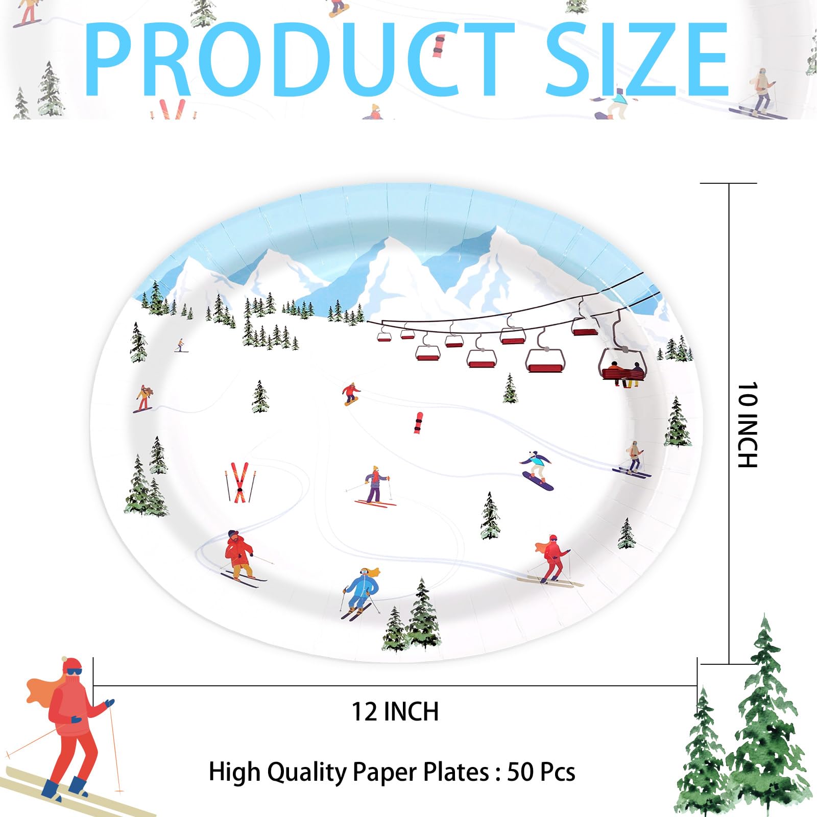 50 Pcs Winter Skiing Skier Oval Party Paper Plates - Grencian