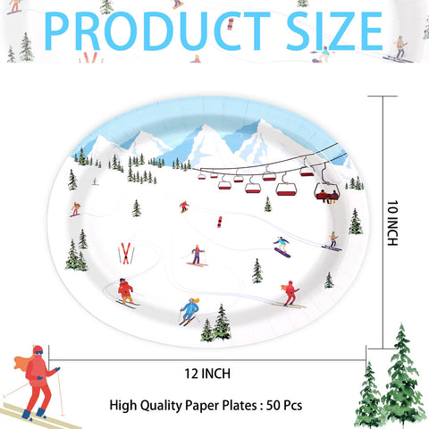 50 Pcs Winter Skiing Skier Oval Party Paper Plates - Grencian