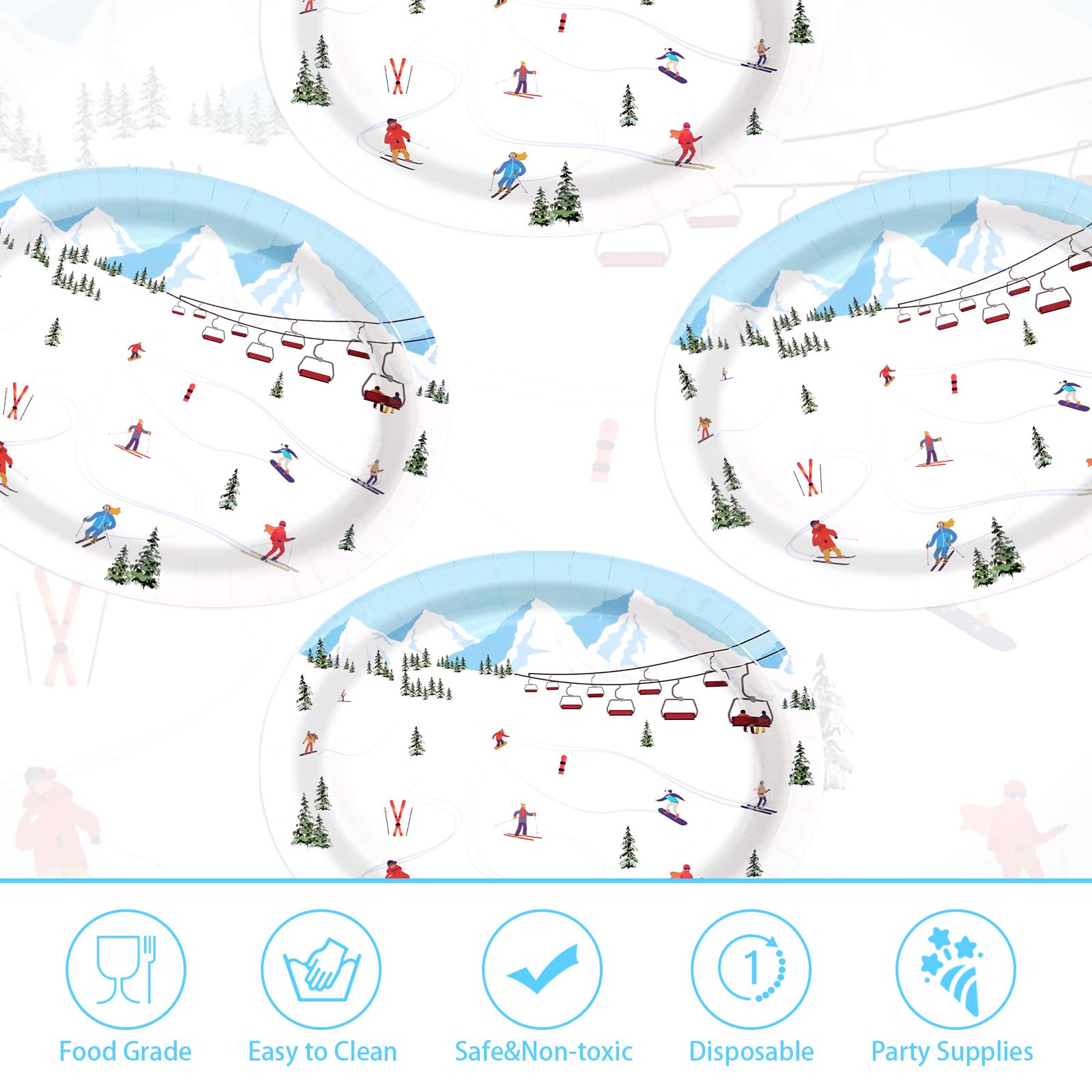 50 Pcs Winter Skiing Skier Oval Party Paper Plates - Grencian