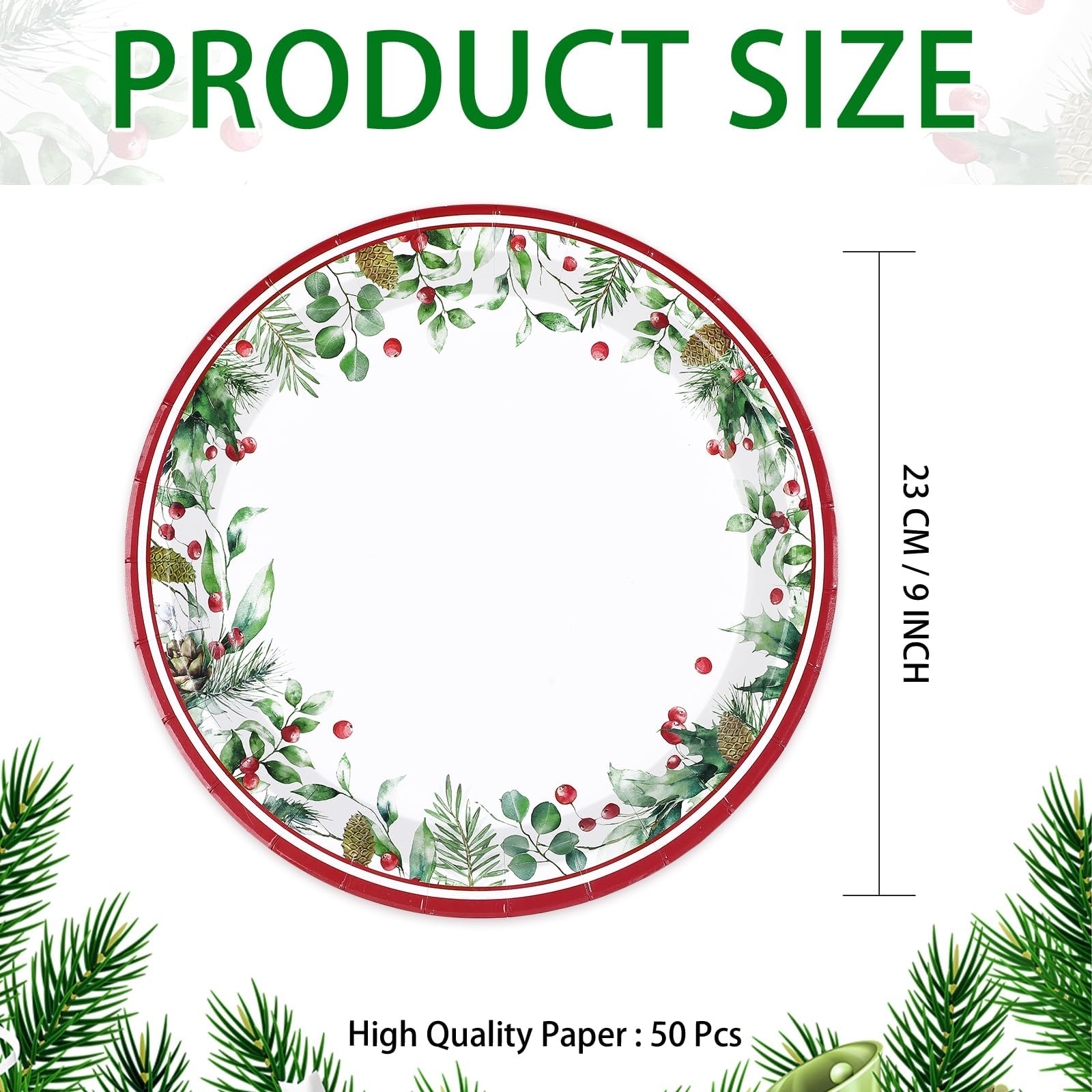 50 Pcs Xmas Holly Leaf Berries Party Paper Plates - Grencian