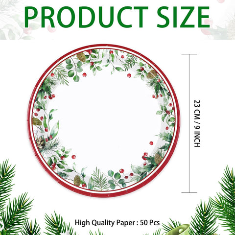 50 Pcs Xmas Holly Leaf Berries Party Paper Plates - Grencian