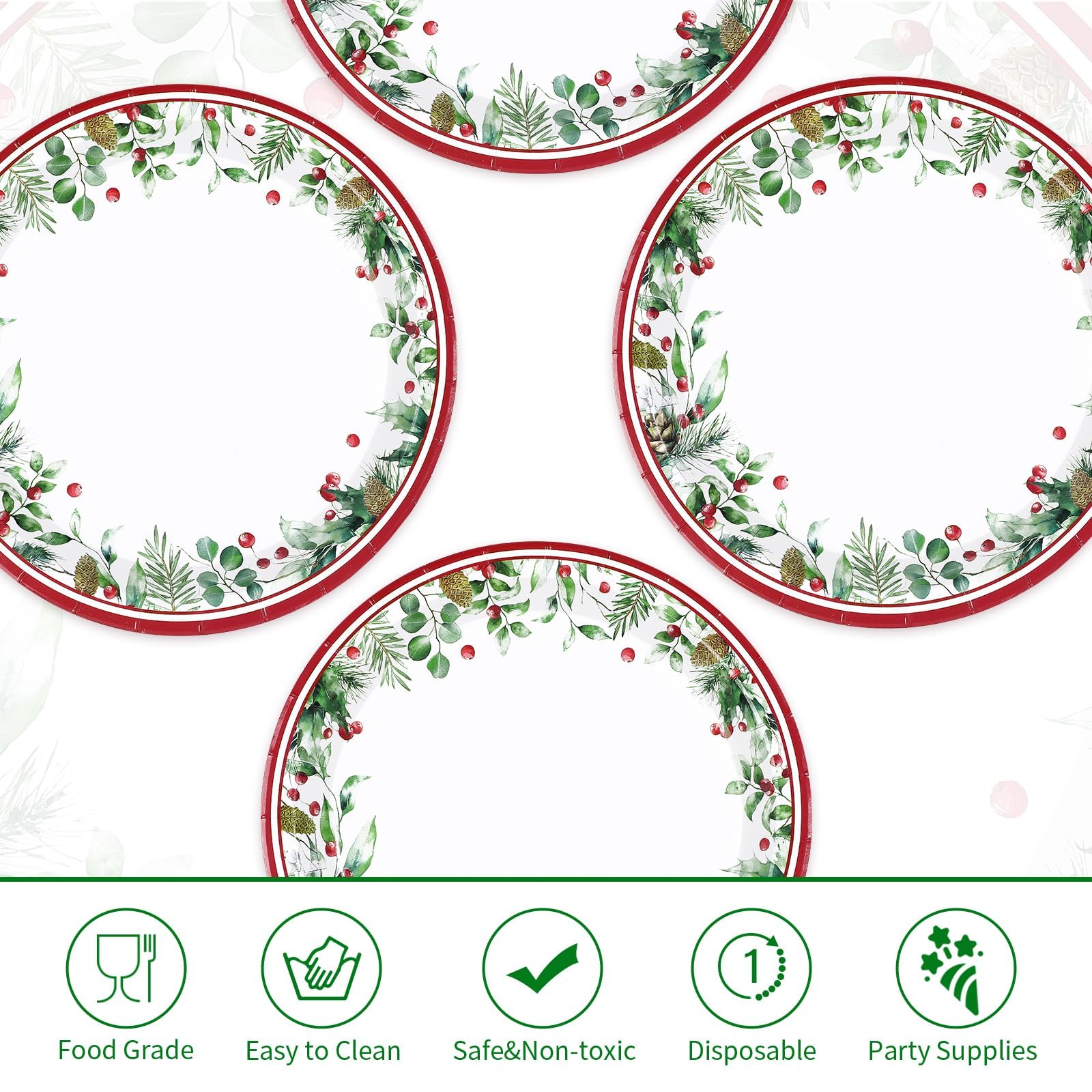 50 Pcs Xmas Holly Leaf Berries Party Paper Plates - Grencian