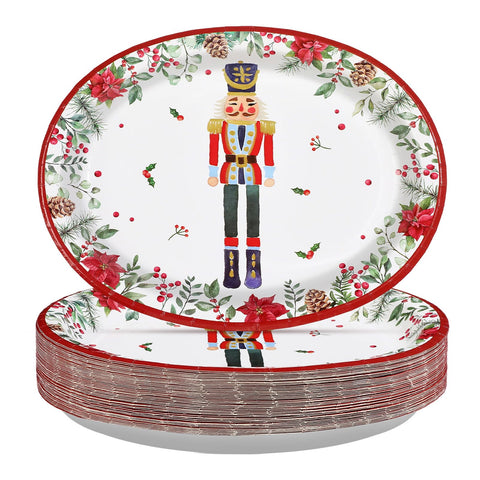50 Pcs Xmas Nutcrackers Holly Leaf Oval Paper Plates - Grencian