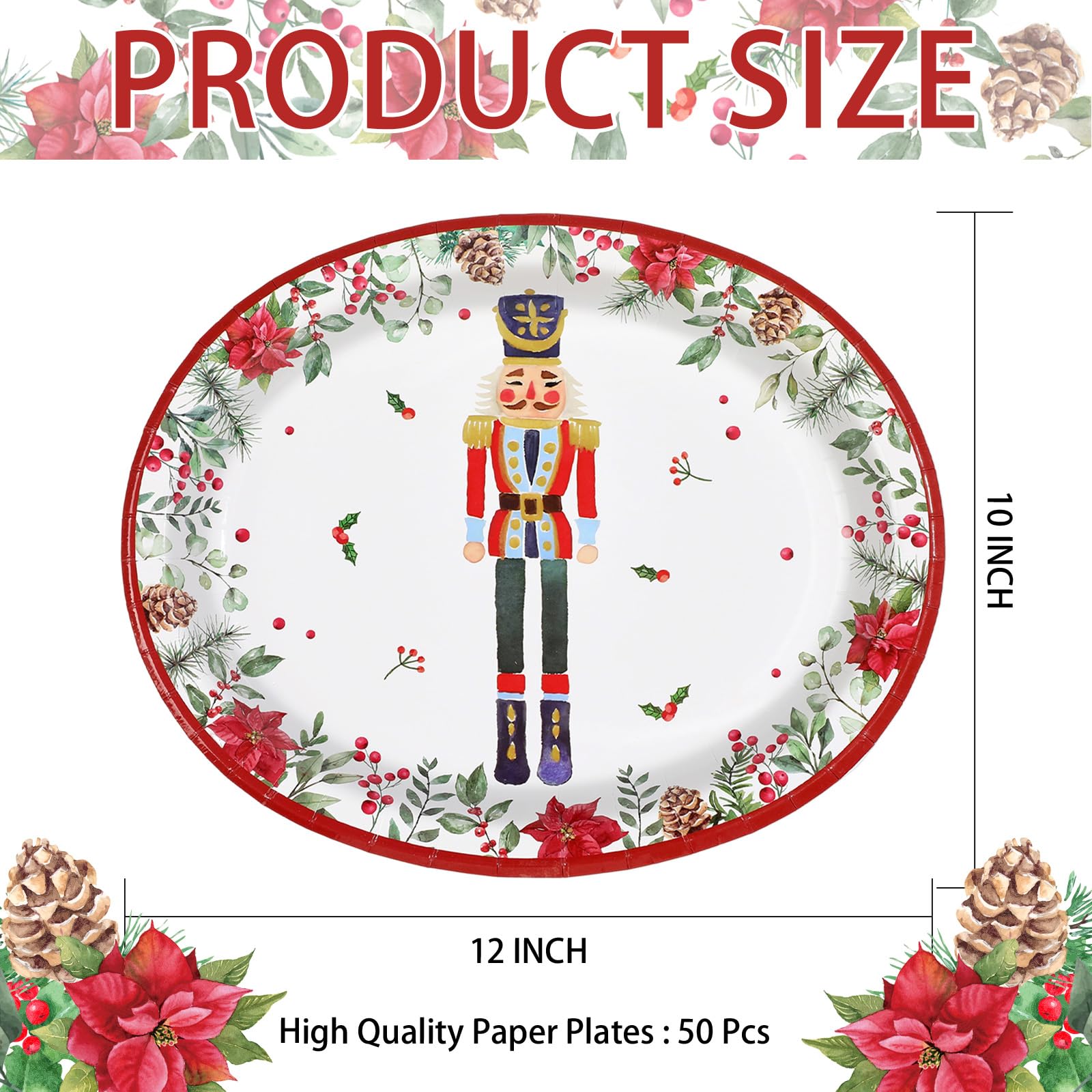 50 Pcs Xmas Nutcrackers Holly Leaf Oval Paper Plates - Grencian