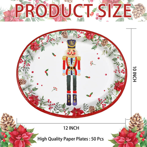 50 Pcs Xmas Nutcrackers Holly Leaf Oval Paper Plates - Grencian