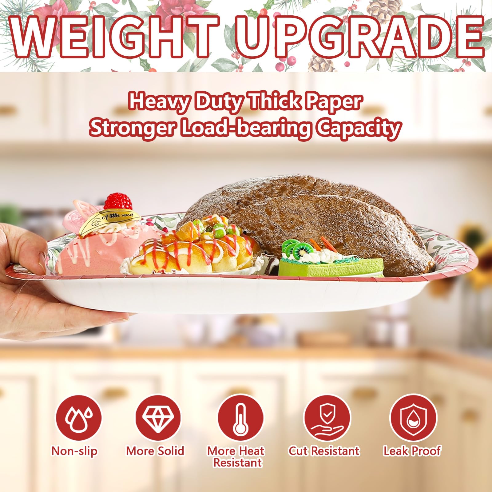 50 Pcs Xmas Nutcrackers Holly Leaf Oval Paper Plates - Grencian