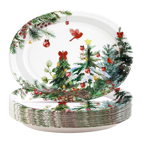 50 Pcs Xmas Tree Bird Oval Paper Plates