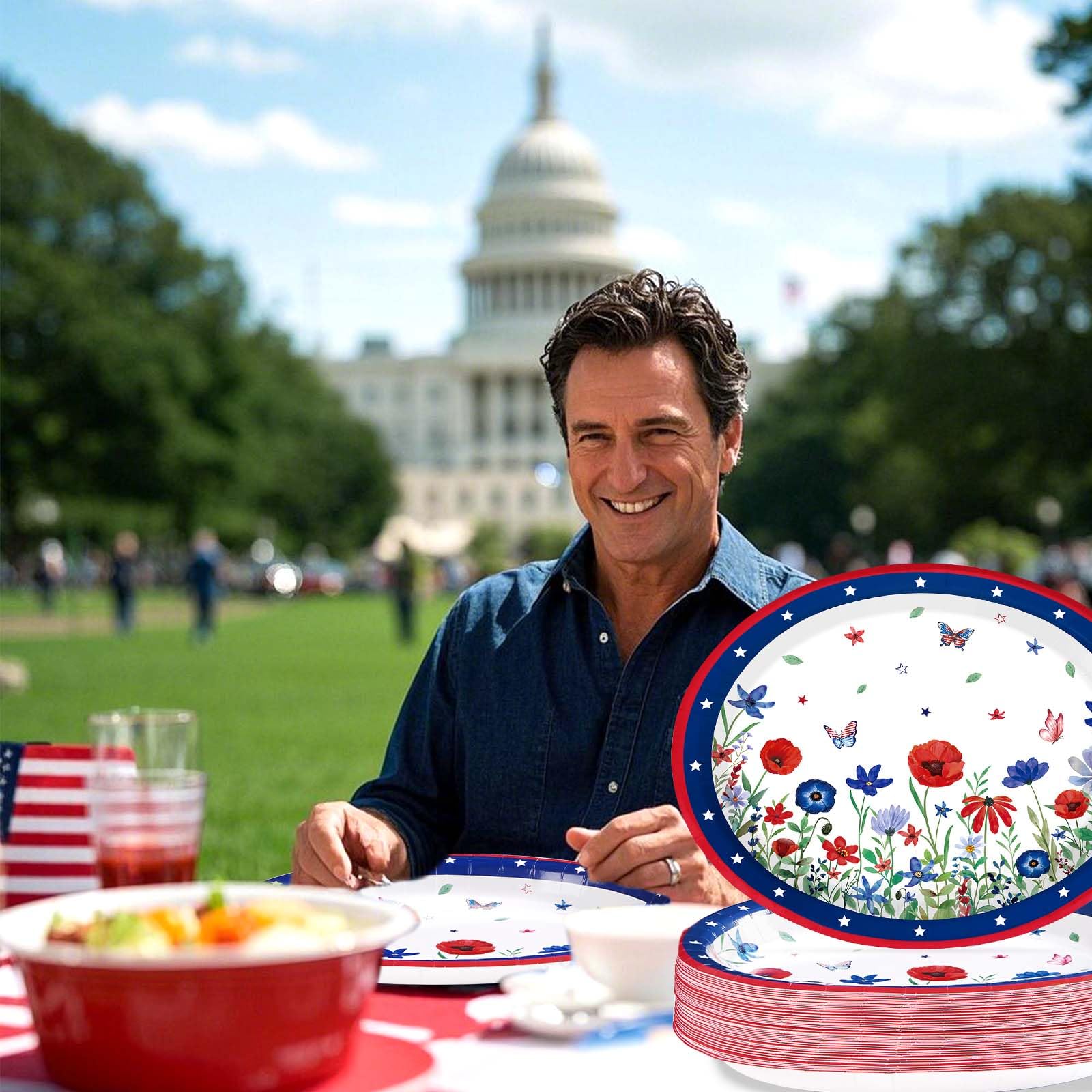 50Pcs 4th of July Flower Oval Paper Plates - Grencian
