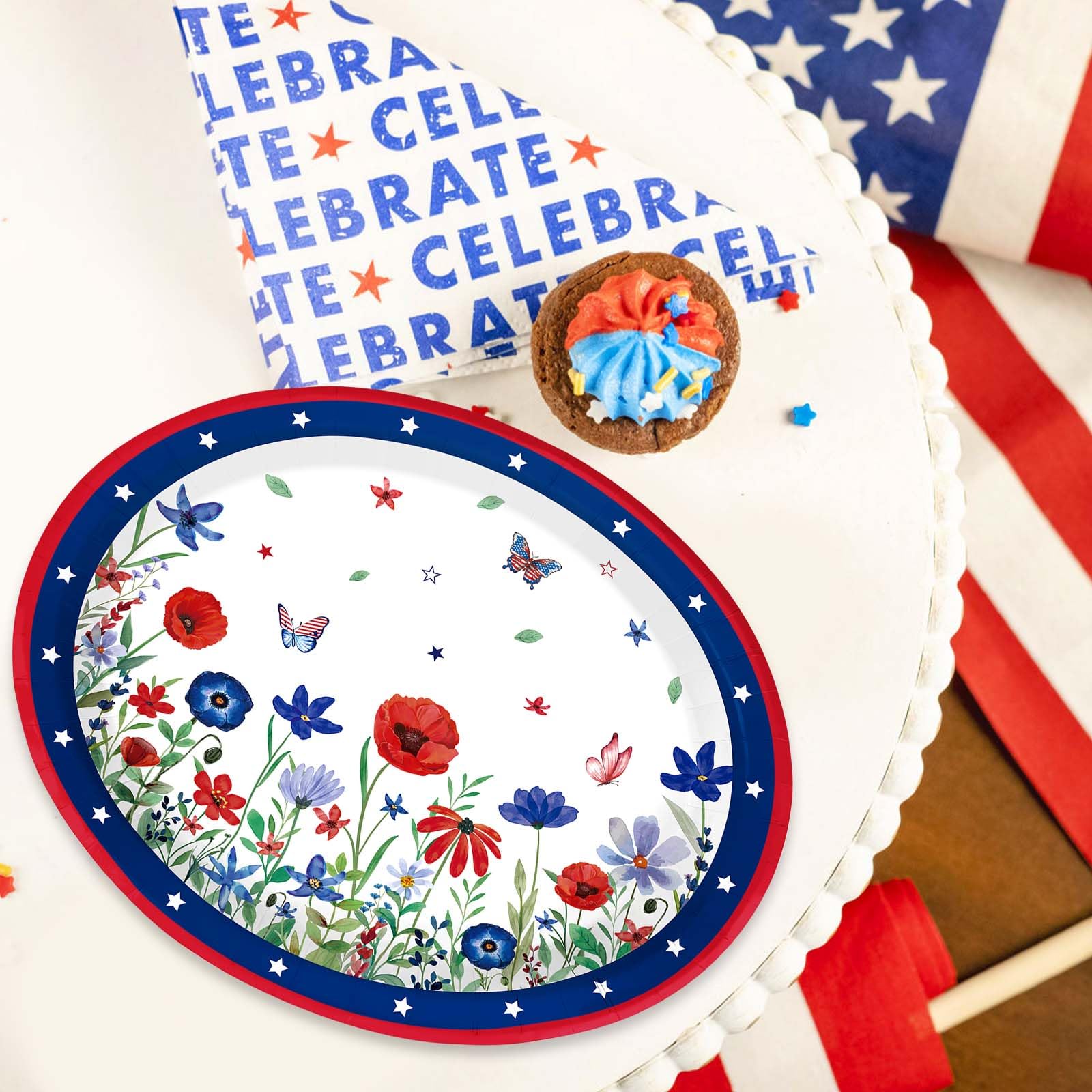50Pcs 4th of July Flower Oval Paper Plates - Grencian