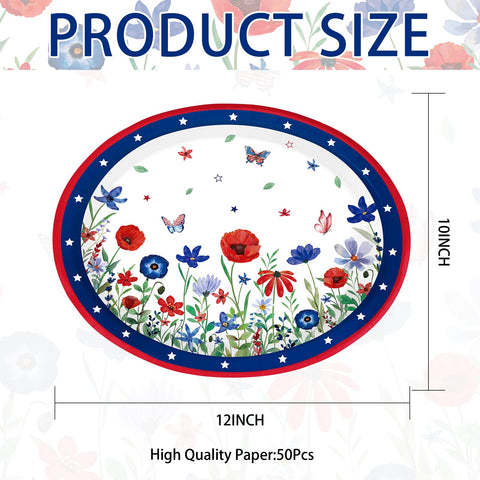 50Pcs 4th of July Flower Oval Paper Plates - Grencian