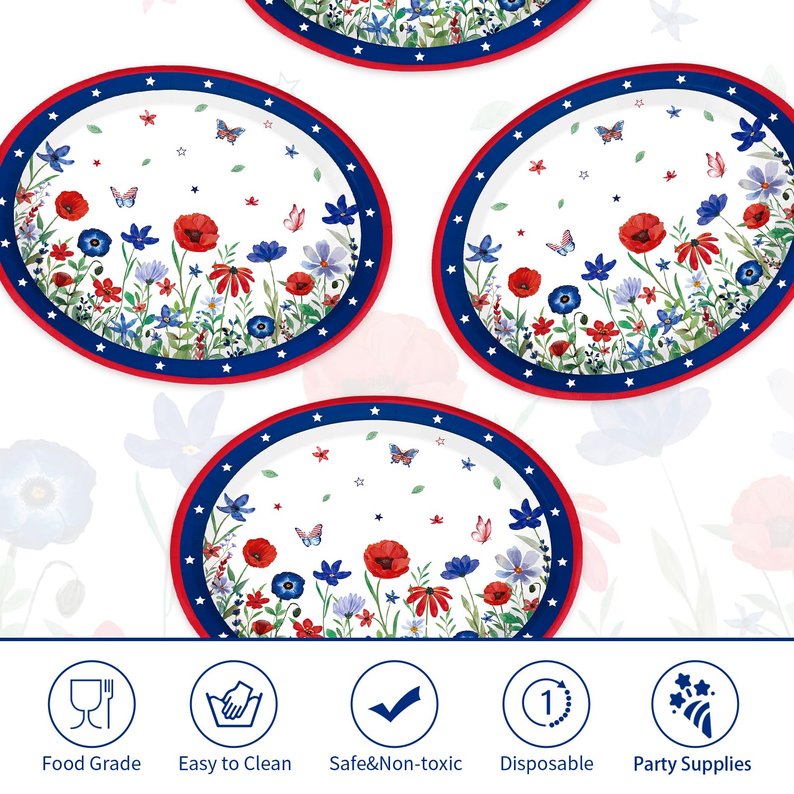 50Pcs 4th of July Flower Oval Paper Plates - Grencian