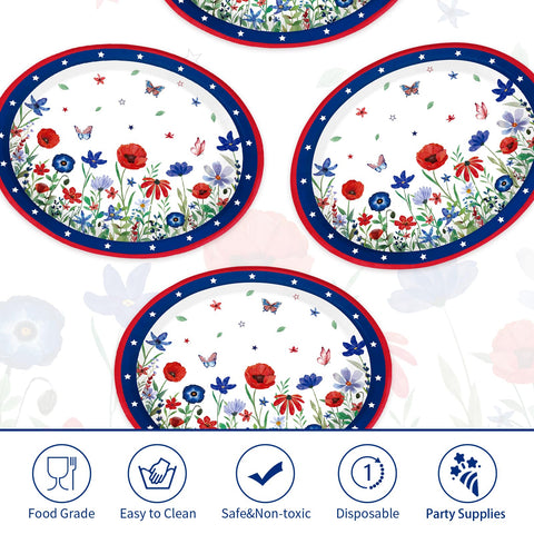 50Pcs 4th of July Flower Oval Paper Plates - Grencian