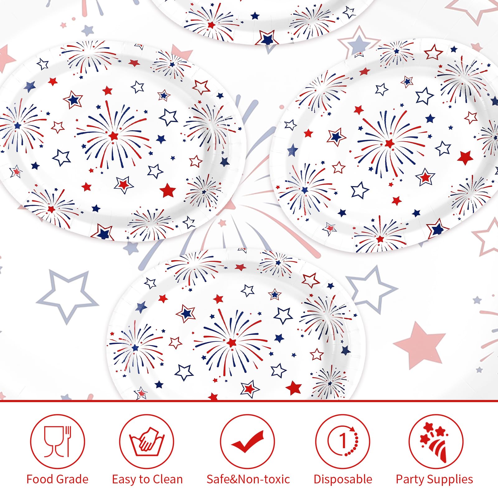 50Pcs 4th of July Star Firework Oval Paper Plates - Grencian