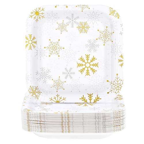 50Pcs 9 Inch Gold Silver Snowflake Square Paper Plates - Grencian