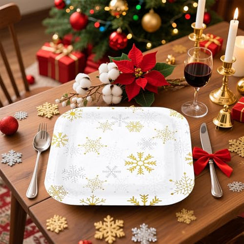50Pcs 9 Inch Gold Silver Snowflake Square Paper Plates - Grencian
