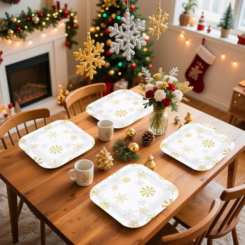 50Pcs 9 Inch Gold Silver Snowflake Square Paper Plates - Grencian