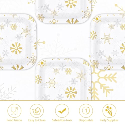 50Pcs 9 Inch Gold Silver Snowflake Square Paper Plates - Grencian