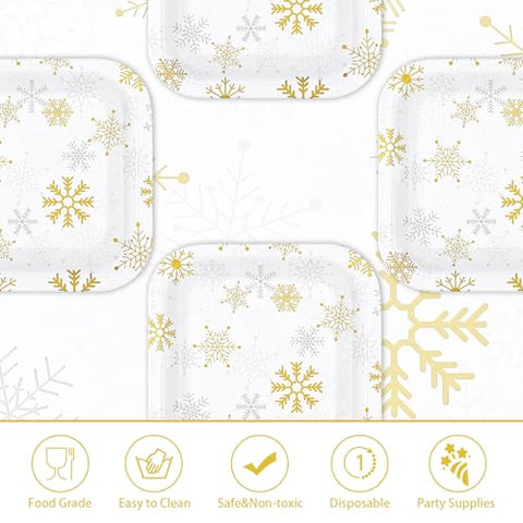50Pcs 9 Inch Gold Silver Snowflake Square Paper Plates - Grencian