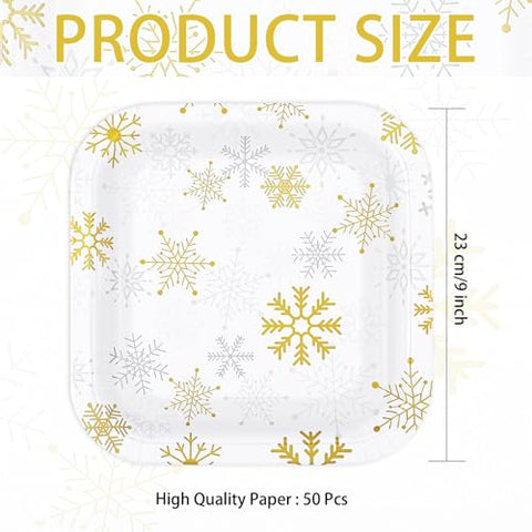 50Pcs 9 Inch Gold Silver Snowflake Square Paper Plates - Grencian