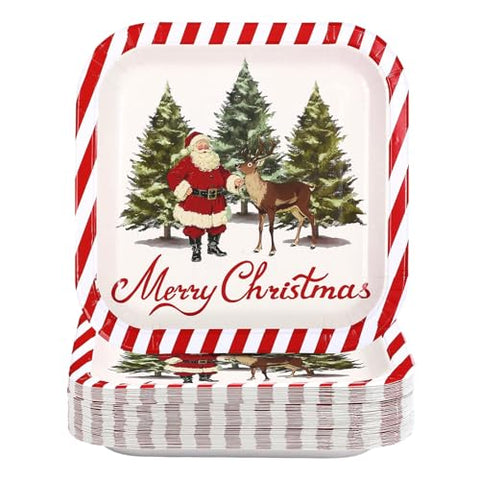 50Pcs 9 Inch Santa Claus Trees Square Paper Plates - Grencian