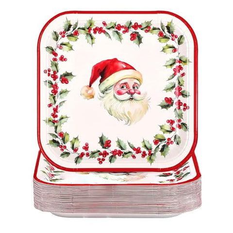 50Pcs 9 Inch Santa Claus Wreath Square Paper Plates - Grencian