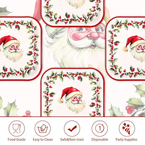 50Pcs 9 Inch Santa Claus Wreath Square Paper Plates - Grencian