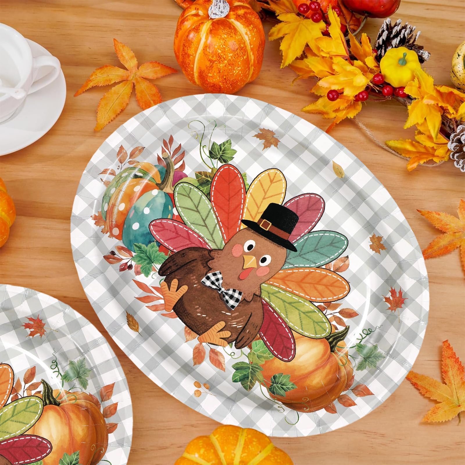 50Pcs Autumn Buffalo Plaid Turkey Oval Paper Plates - Grencian