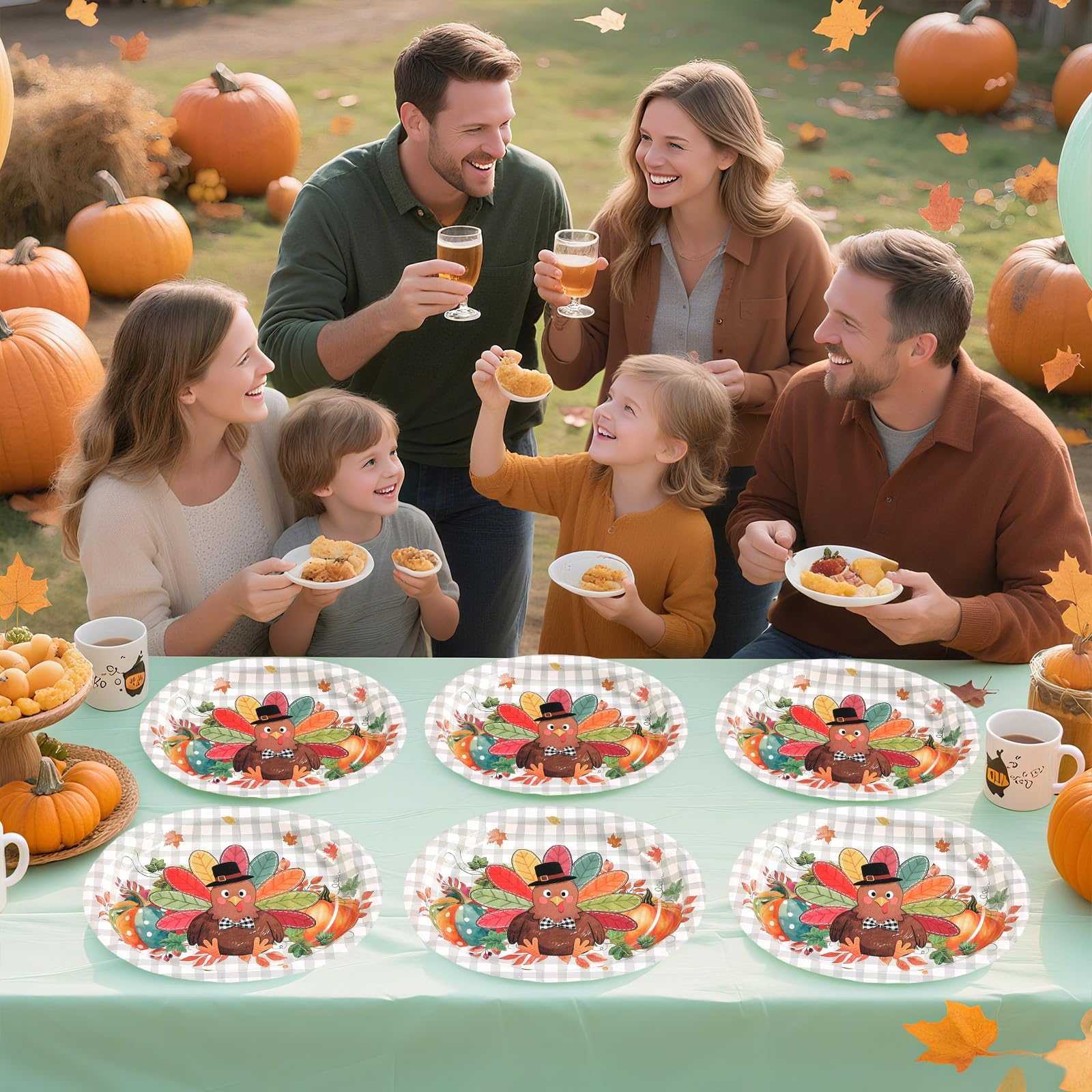 50Pcs Autumn Buffalo Plaid Turkey Oval Paper Plates - Grencian