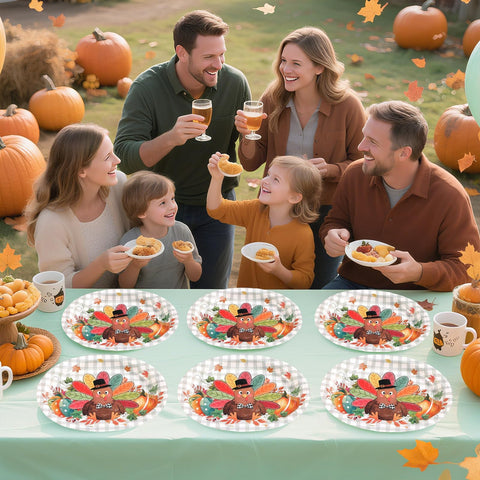 50Pcs Autumn Buffalo Plaid Turkey Oval Paper Plates - Grencian
