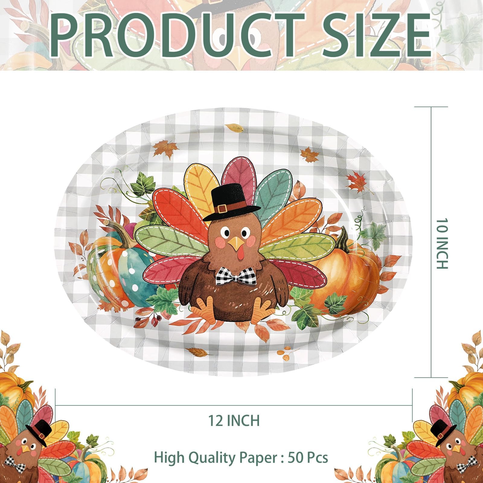 50Pcs Autumn Buffalo Plaid Turkey Oval Paper Plates - Grencian