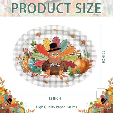 50Pcs Autumn Buffalo Plaid Turkey Oval Paper Plates - Grencian