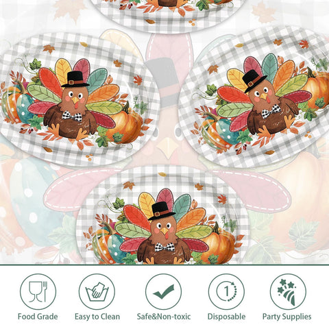 50Pcs Autumn Buffalo Plaid Turkey Oval Paper Plates - Grencian
